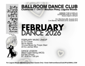 Schedule for February. Please note that there is no dance on February 8 due to the Super Bowl