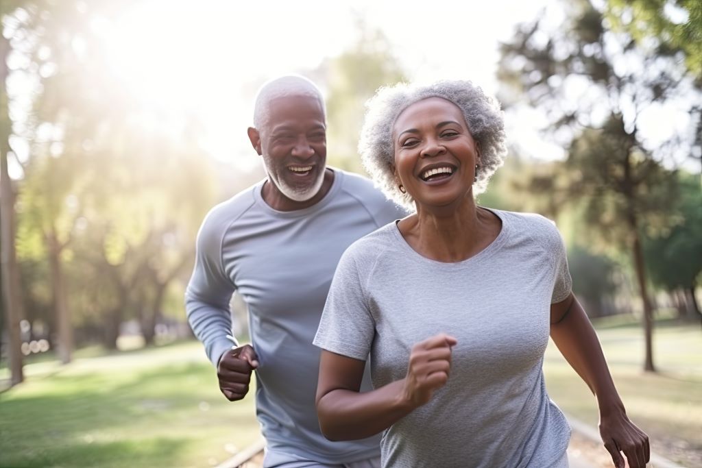 Older couple running in the park